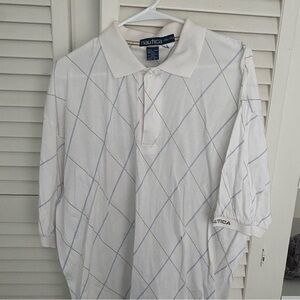 Nautica Men's White and Blue Argyle Polo Shirt XXL